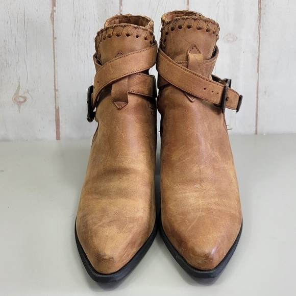 Dingo Western Boho 90's Leather Buckle Ankle Cowgirl Heeled Booties Brown 7M - Picture 3 of 16